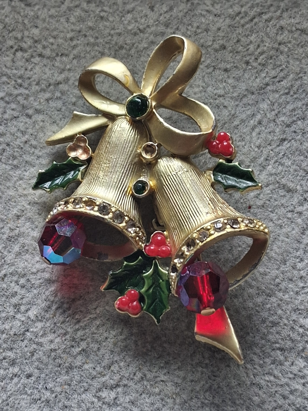 Gold-tone Christmas Bells Brooch with Red Crystals and Green Enamel Holly